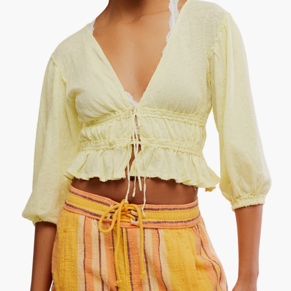 Free People Yellow Linen Blend Tie Front Top - Picture 10 of 14